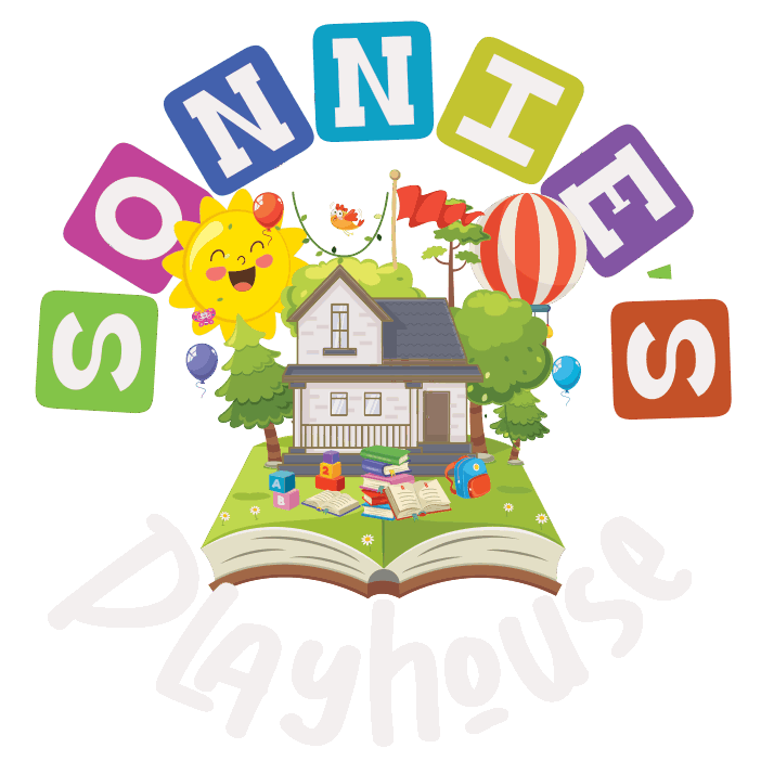 house coming out of a book with sun and toys around it.